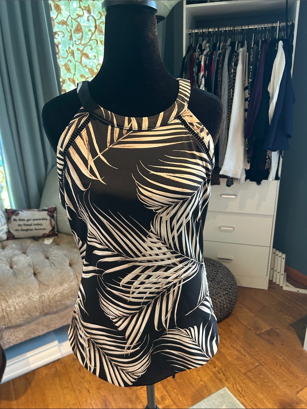 Black and White Palm Print Halter Tank Top